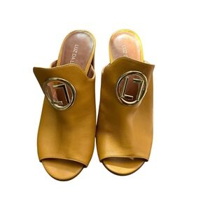 Luz Da Lua Yellow Leather Block Heel Mule Sandals Gold Logo Peep Toe Brazil 8